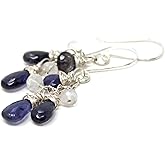 Dainty Dangle Moonstone Iolite Earrings Sterling Silver White Blue Gemstone Cluster