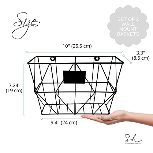 2 Wall Mount Mail Organizers - Black Metal Wire Magazine Storage Baskets for Home and Office - Thumbnail 2