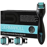 Derma Roller Microneedle 5 Piece Kit [DERMAROLL BLACK by Prosper Beauty] Face Roller with 3 Replacement Heads Exfoliation Microdermabrasion Micro Skin Care Tool Dermaplaning Dermapen Microneedling