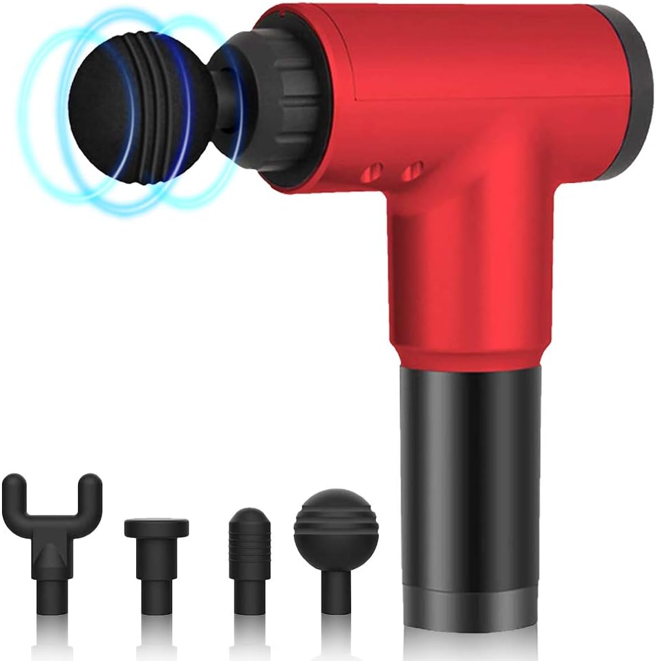 Massage Gun, 6 Speeds Cordless Handheld Deep Tissue Percussion Electric,Muscle Massager,Quiet Brushless Motor, Including 4 Massage Heads(Red)