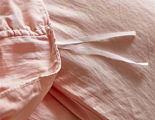 Moowoo Vintage Farmhouse Bedding, 3 Pieces Ruffle Duvet Cover Set 100% Washed Cotton Romantic Mermaid Tail French Country Style Duvet Cover with Ties (Pink, Queen) - Thumbnail 5