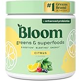 Bloom Nutrition Superfood Greens Powder, Citrus, 30 Servings | Digestive Enzymes with Probiotics and Prebiotics, Gut Health, Bloating Support for Women, Chlorella, Green Juice Mix