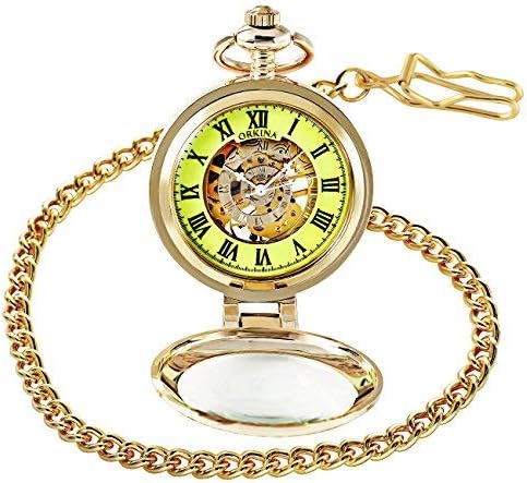 Gold Pocket Watch- 24 Hour Display""Goddess of Wisdom"Vintage Steampunk Skeleton Dial with Chain + Gift Box