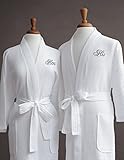Luxor Linens Egyptian Cotton Waffle Weave Robe with His/Hers (Gift Packaging) Couple's Embroidery, Black Monogram