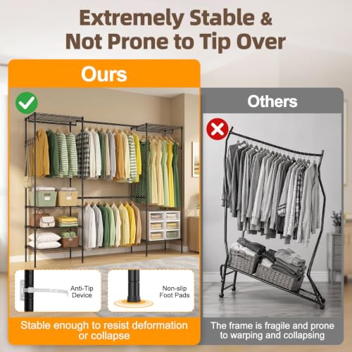 UEAKPIC Heavy Duty Garment Clothes Rack Wire Load-bearing 1000LBS-Black | Adjustable Freestanding Expandable Clothing Rack 4 Tier with 4 Hanging Rods, 15.7"Dx(70.9"-90.6")Wx76.8"H for Bedroom Laundry