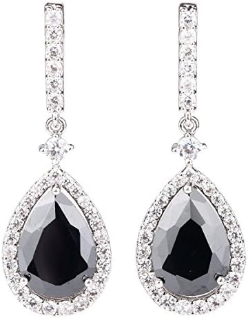 18k White Gold Plated Black Cubic Zirconia Teardrop Drop Earrings