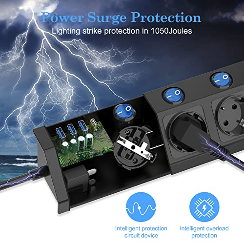 Power Strip, Individually Switchable, 5-Way Power Strip, Wall Mounted with 1 USB-C Quick Charger (PD 20 W) and 3 USB Power Strips, Multiple Socket with Surge Protection (3680 W/16 A), 2 m Cable