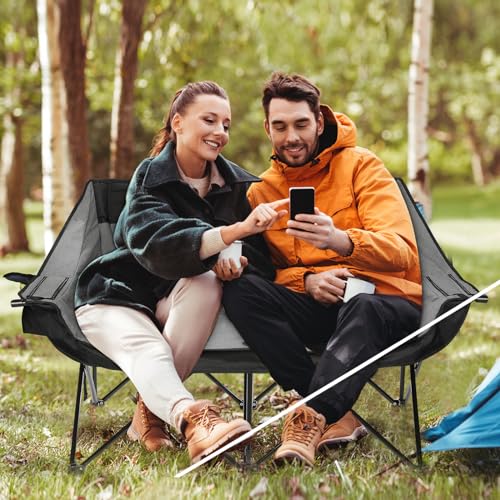 REALEAD Double Camping Chair - Heavy Duty Oversized Camping Couch for Adults Support 650 lbs - 2 Person Camping Chair with Cooler Bags - Padded Camping Loveseat for Outdoor Lawn Sports