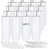 16 Pack Sublimation Tumblers Straight Skinny Tumbler Blanks Bulk 20oz for Heat Transfer, Individual Gift Boxed, Double Wall Insulated Tumbler with Shrink Wrap & Straws