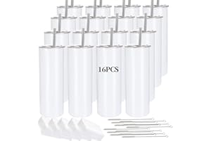 YOUKE OLA 16 Pack Sublimation Tumblers Straight Skinny Tumbler Blanks Bulk 20oz for Heat Transfer, Individual Gift Boxed, Double Wall Insulated Tumbler with Shrink Wrap & Straws