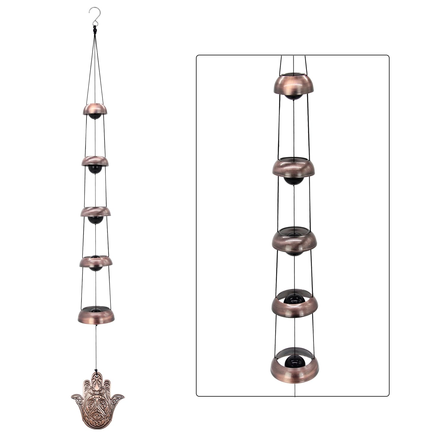 Photo 1 of Copper Hand of God Temple Wind Chime – 5-Bell Red Copper Feng Shui Chime with Sacred Hand of God Medallion for Porch, Patio, Garden Décor & Memorial Keepsake