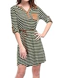 Allegra K Women's 3/4 Sleeves Button Upper Above Knee Belted Stripes Dress S Green