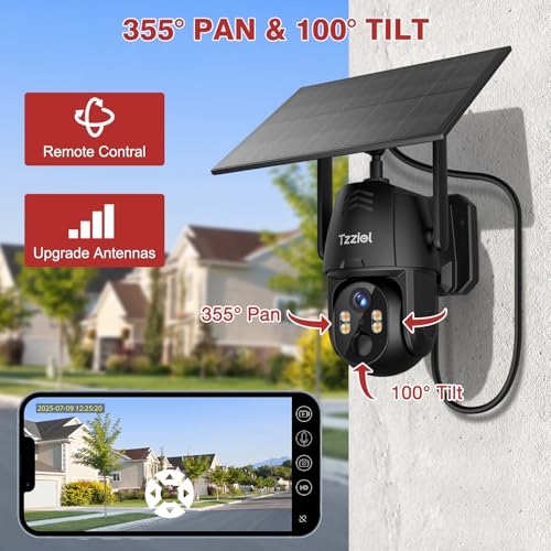 Tzziel 4G LTE Solar Outdoor Surveillance Camera Without WiFi with SIM Card, 2K PTZ Wireless, 10400mAh, 6W Solar Panel, 360° Viewing, Motion Detection, Two-Way Audio, IP66