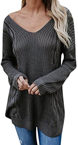 Sunmmwery Women Oversized Sweaters Long Sleeve Loose Fit V Neck Back Criss Cross Knit Pullover Jumpers Tops Grey Medium
