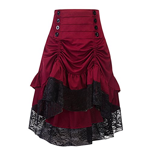 crazycatz Women's Vintage Steampunk Victorian Goth Lace Party Skirt Front Button Low High Skirt (Red Wine, L US 10)