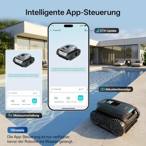 (2026 Neu) P30 Poolroboter Wand und Boden, Wasserlinienreinigung, 180μm Ultrafeinfilterkorb, 180 Min Laufzeit, App-Steuerung & OTA-Updates Poolroboter Akku für Verschiedene Pooltypen
