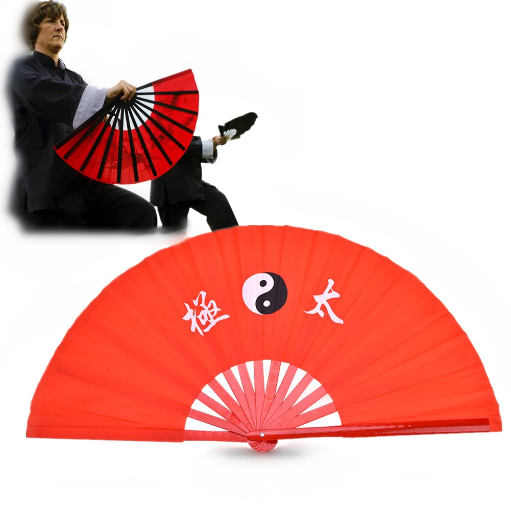 Folding Hand Fan, Chinese Kung Fu Tai Chi Fan, Handheld Folding Bamboo Fans, Arts Dance/Practice Performance Bamboo Folding Fan, Folding Hand Held Fan for Dance Performance Festival (Red Rib)
