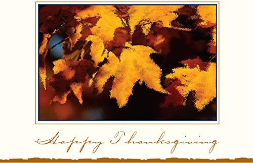 Thanksgiving Greeting Cards - TH8008. Business Greeting Card Featuring Colorful Autumn Leaves. Box Set Has 25 Greeting Cards and 26 White with Gold Foil Lined Envelopes.