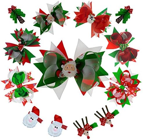 Christmas Grosgrain Ribbon Hair Bows Clip For Kids Girls Teens Giftbox 12 Pack