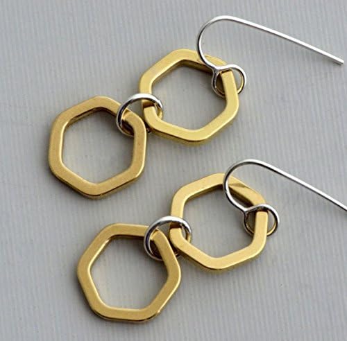 Gold brass double hoop dangle hexagon earrings, mixed metal sterling silver modern geometric jewelry