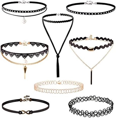 Aniywn 8 Pieces Choker Necklace Set Stretch Velvet Classic Gothic Tattoo Lace Choker (Black 10)
