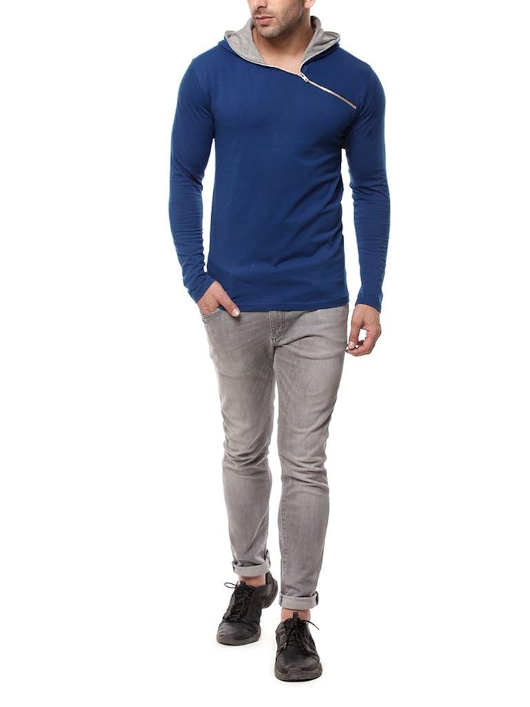 gritstones men's cotton full sleeve hooded t-shirt indigo/grey melange