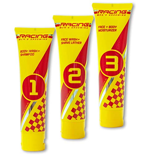 RACING Men’s Grooming 3 Piece Hair Body Face Wash 2 in 1 Travel Set Kit, Moisturizer Shave Cream Lather Shampoo, TSA Approved Size 100 ml Bottle 3.3 Fl Oz, Clear Waterproof Zip Lock Gift Bag