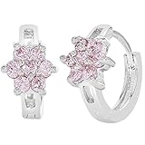 Rhodium Plated Pink Flower Hoop Earrings Girls Kids 0.39