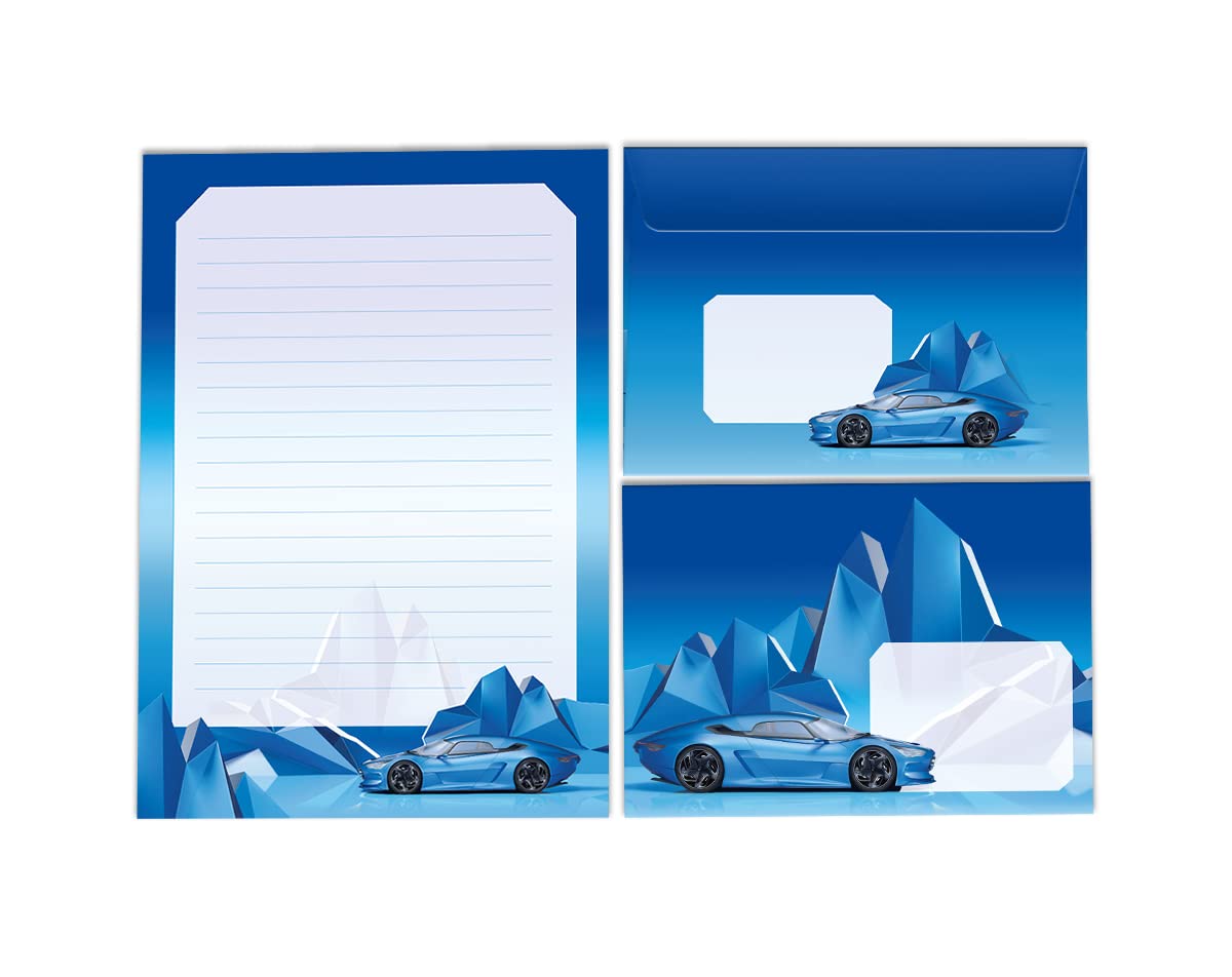 Writing Paper Set Letter Pad with Envelope for Children Racing Car Children's Motif Boys (A5 Pad with 25 Sheets + 15 Envelopes)
