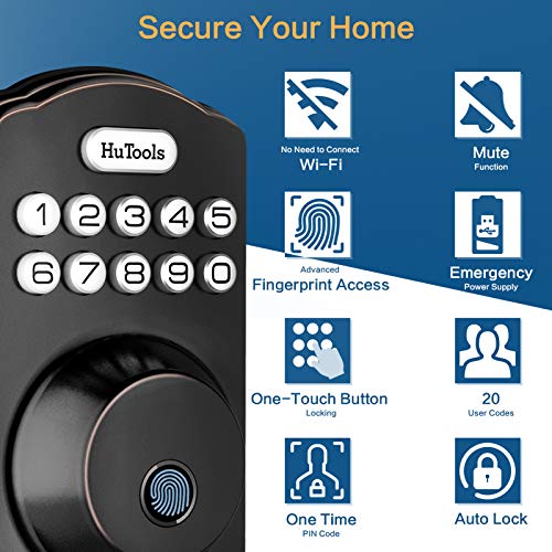 Fingerprint Door Lock, Hutools Keyless Entry Deadbolt Locks with Keypads, Biometric Door Lock, Auto Lock, 20 User Codes… - Image 2
