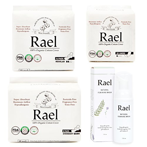 Rael Value Package 100% Organic Cotton Regular Pads, Overnight Pads, Liners and Natural Feminine Wash