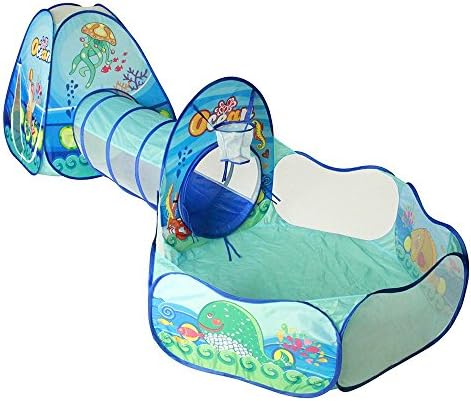 Kids Play Tent with Tunnel and Ball Pit Basketball Hoop Pop-up Playhouse for kids and toddlers Blue Ocean Theme Color 3 Piece Children Play Tent