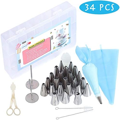 BELSVOR Douille Patisserie 34 Pièces, Douille à Pâtisserie en Acier Inoxydable, Douille Patisserie pour Decoration(24 Douilles, 2 Poches, 2 Coupleur, 2 Clous, 2 Brosse, 1 Ciseaux, 1 Boîte Rangement)