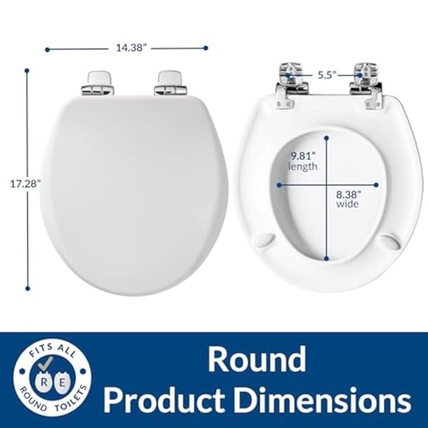 BEMIS ALESIO SLOW CLOSE TOILET SEAT, SLEEK CHROME HINGES AND ADJUSTABLE PERFECT FIT WOOD SEAT, MADE IN USA, ROUND, WHITE