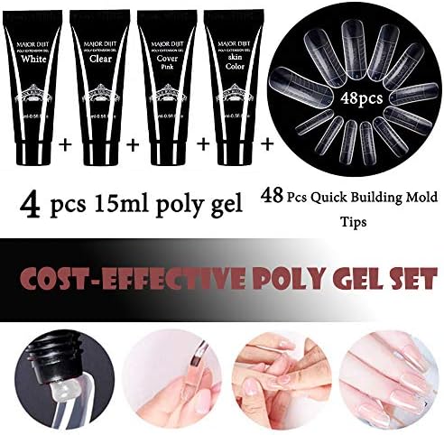 Lasting Finger Nail Crystal Jelly Camouflage Adhesive,Free Of Paper And Painless Durable Nail Gel 15ML (4 PC Poly Gel+48PC Fake nails)
