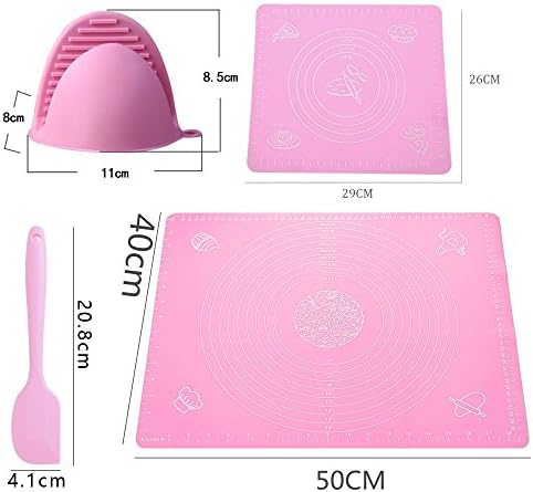 Silicone Pastry Mat set of 2 ---Large(20"16") Small(11"10") , Silicone Pot Holder, and silicone spatula，Kneading board with Measurements ,Baking Mat for Rolling Dough (Pink)， Non Stick Non Skid
