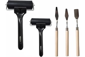 Accfore 2 Pack Soft Rubber Brayer with 3 Spatula,Rubber Glue Roller for Printmaking Ink Paint Block Stamping Gluing Wallpaper and Arts & Crafts,2.4 inch and 4 inch,Black