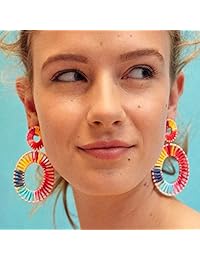 Pendientes de aro de ratán para mujer, diseño geométrico, hechos a mano, coloridos arcoíris, regalo para madre y hermana