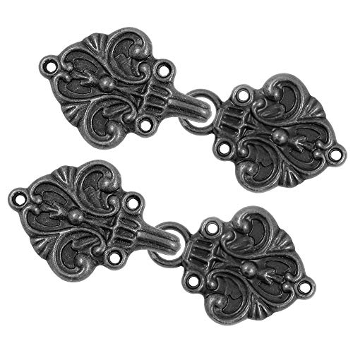 Bezelry 4 Pairs Fleur De Lis Cape or Cloak Clasp Fasteners. 70mm x 26mm. Fastened. Sew On Hooks and Eyes Cardigan Clip (Vintage Black)