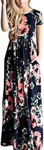 Lanremon Women's Floral Print Rose Maxi Retro Bohemian Long Dress Summer 3/4 Sleeve Round Neck Pocket Pleated Robe Dark Blue 1 2XL