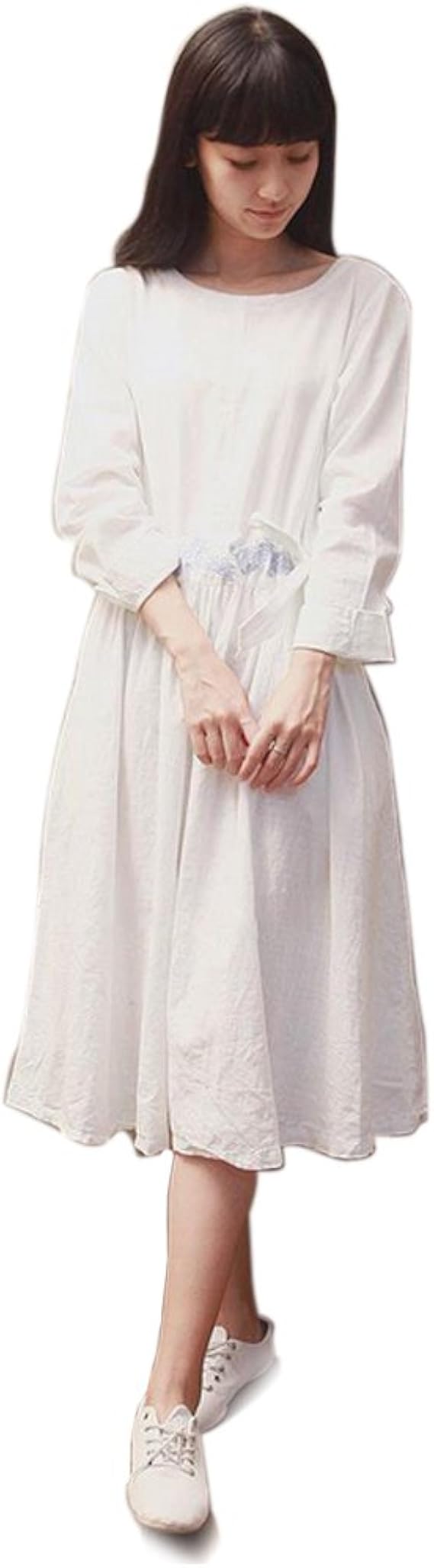 Amazon レディース 長袖 リネンワンピース ウエスト紐 ロング丈 ホワイト ワンピース チュニック 通販
