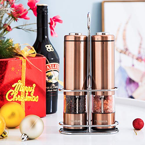 Phunaya Electric Salt and Pepper Grinder Set With Upgraded Motor | Complimentary 304 Stainless Steel Mill Stand | LED Light |Battery Operated | Adjustable Ceramic Coarseness |set of 2