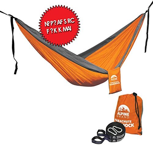 Alpine Grand Premium Lightweight Portable Parachute Hammock – TWO FREE HANGING STRAPS WITH FLAT LOOP DESIGN - GREAT FOR Camping, Backpacking, Hiking, Yard, Beach, Boat Dock, Park (Orange/Gray, Double)