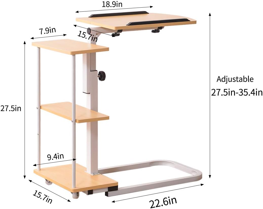 Natwind Overbed Laptop Table with Lockable Wheels Portable Rolling Movable Table Adjustable Angle & Height Laptop Stand Cart with Three-Level Shelf for Bed or Sofa Brown : Office Products