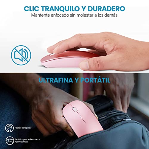 YOMYM Mouse Ratón óptico Inalámbrico Recargable 2.4 G, Silencioso Click con Receptor USB y Tipo-c Adaptador 3 Ajustable dpi Ratón para Computadora, Ideal para Ordenadores portátiles, PCs, Rosa