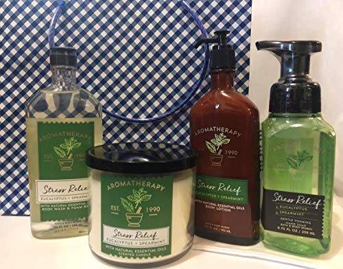 Bath and Body Works Eucalyptus Spearmint Ultimate Gift Set, 3 Wick Candle, Full Size Body Lotion, Shower Gel, Foaming Hand Soap and Gingham Gift Bag with Tissue
