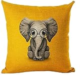 Funny Lovely Animals Abstract Adorable Elephant Baby Wearing Glasses Yellow Background Cotton Linen Throw Pillow Case Personalized Cushion Cover NEW Home Office Indoor Decorative Square 18 X 18 Inches