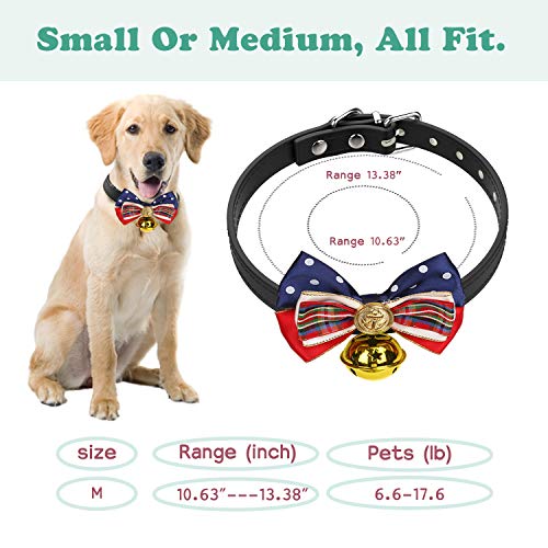 Vavopaw Pet Bowtie Collar, [2 Pack] Puppy Necktie Leather Belt Cute Bowknot Adjustable Small Dog Cat Necklace Collar with Bell Charm, Medium Size - Grid & Stripes - Thumbnail 4