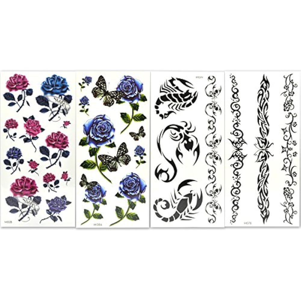 20 Temporary Tattoos Sheets Mixed Style Body Art Paper, Flowers, Roses ...