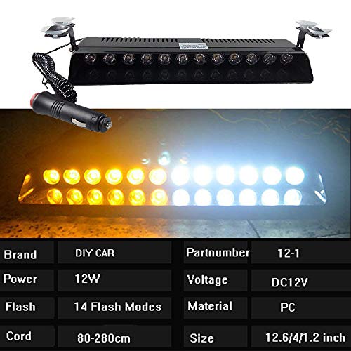 12V Car Emergency Strobe lights Flash Vehicle Lighting Warning light bar Sucker Dashboard Interior 12W 14 Flash Modes Bright (Amber White)